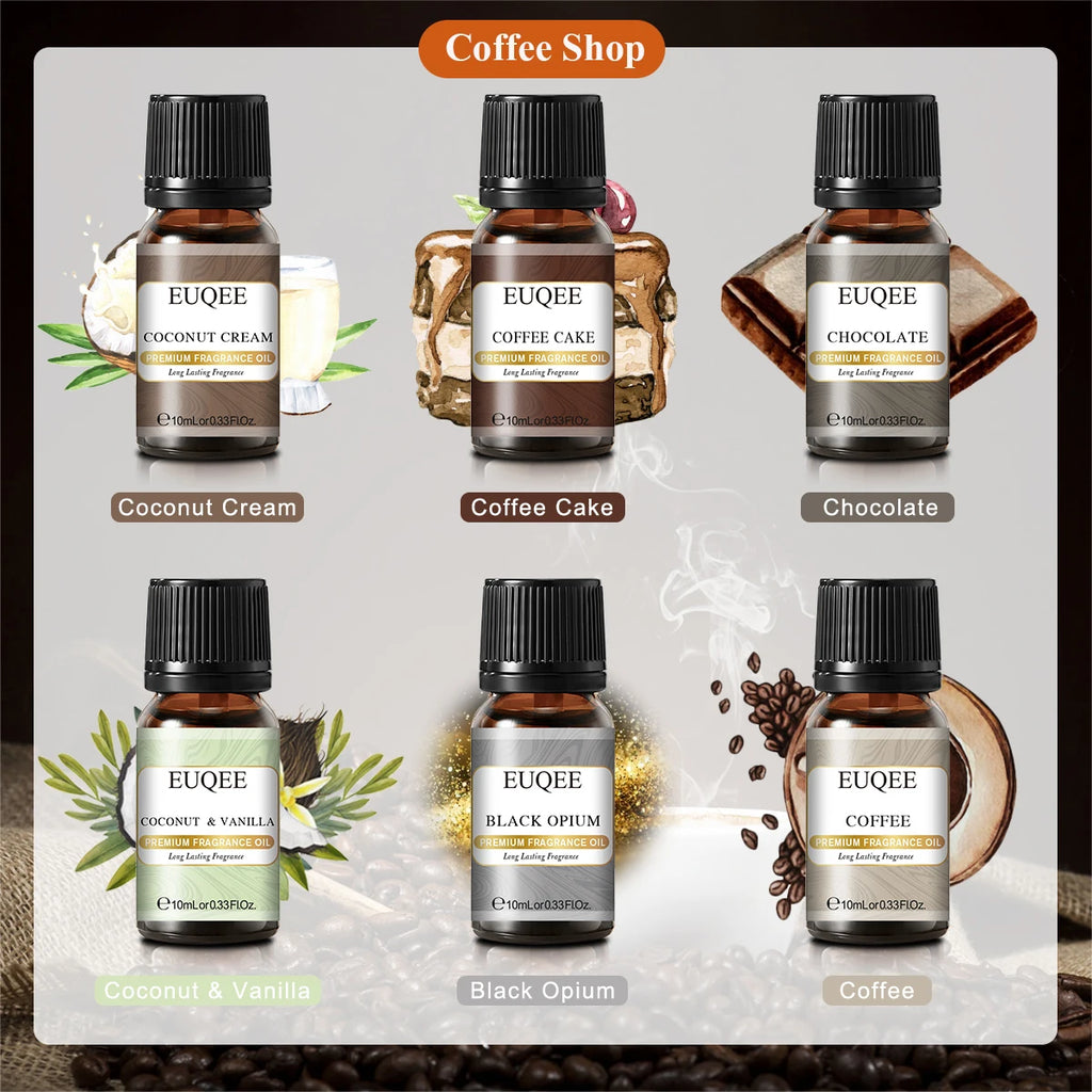 EUQEE 6PCS Aromatherapy Fragrance Oil Gift Set Coffee Fruit Series Essential Oils 10ml Strawberry Cherry Pumpkin Pie Leather