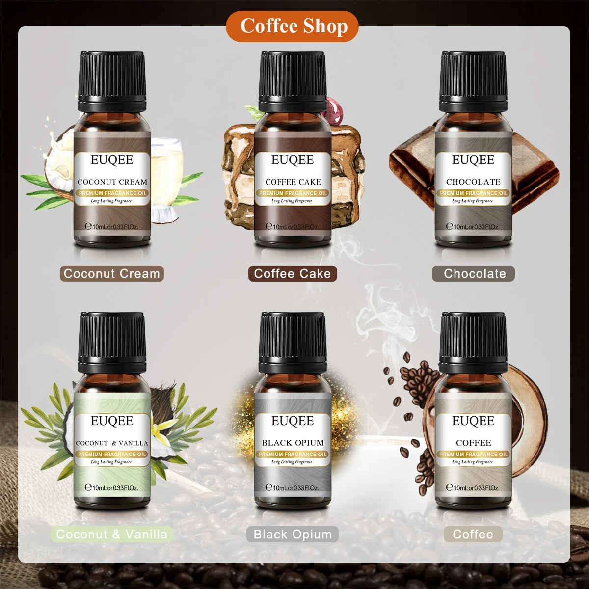 EUQEE 6PCS Aromatherapy Fragrance Oil Gift Set Coffee Fruit Series Essential Oils 10ml Strawberry Cherry Pumpkin Pie Leather