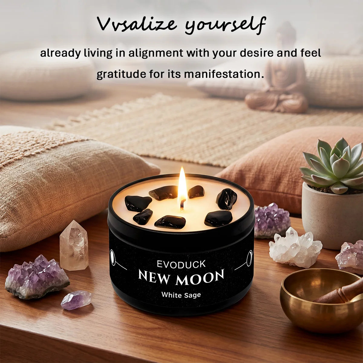 New Moon Scented Candles White Sage 3oz  Soy Wax Scented Candle Black Tin with Black Crystal Chips christmas gift gift for woman