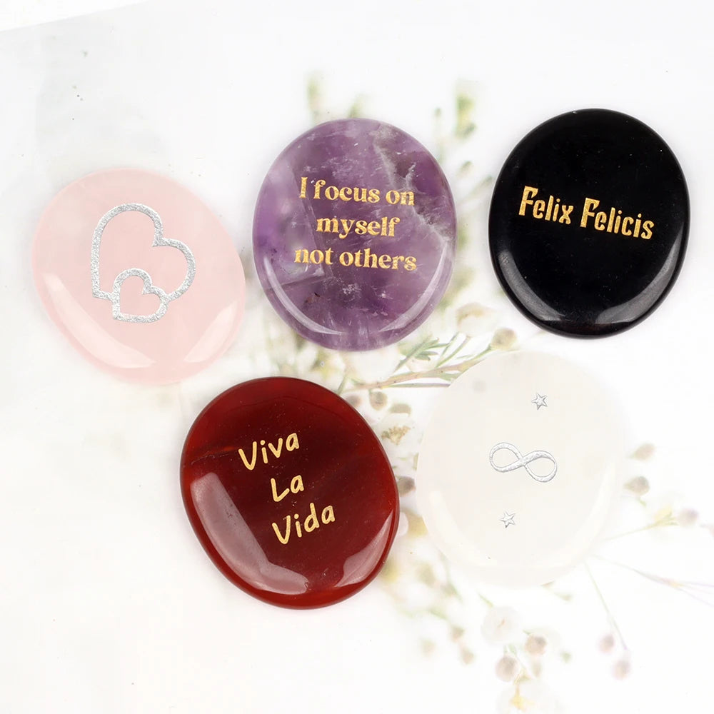 Crystal Worry Stone Double Plane Shaped Piece Inspirational Palm Stone, Engraved With Words To Relieve Worries Jade Energy Stone