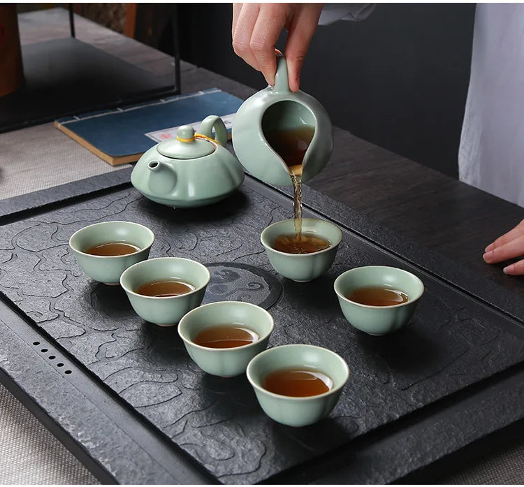 Creative Business Gift Ceramic Tea Set Teaware Geyao Ru Kiln A Pot of Six Cups of Tea Cups with Hand Gift Box Japanese TeaSet