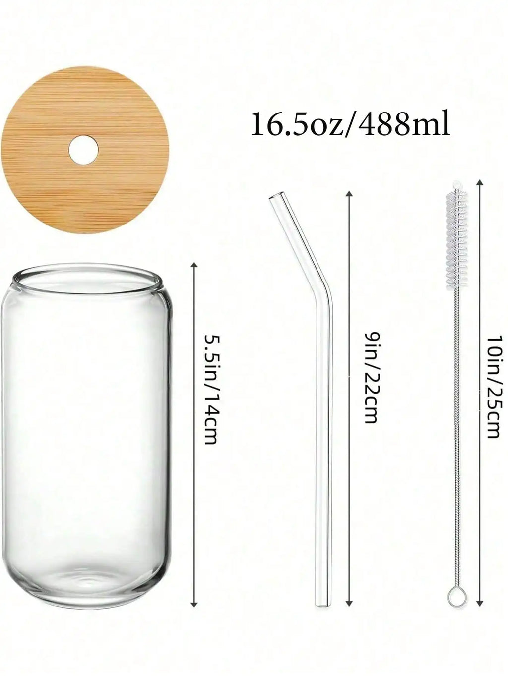 4PCS 16.5oz/488ml Can-Shaped Glass Cups - Bamboo Lid+Straw+Brush | For Iced Coffee/Milk Tea/Juice