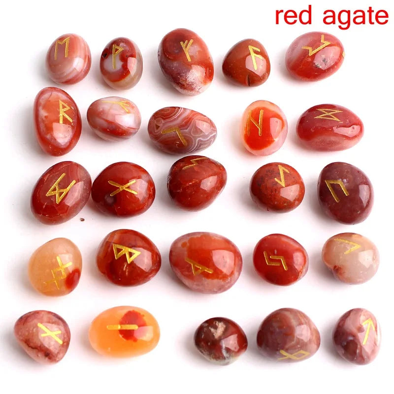 Natural Crystal Rune Stones Set 25pcs Quartz Agate Crystal Stone Witches Reiki Healing Energy Rune Letter Crystal Carving Crafts