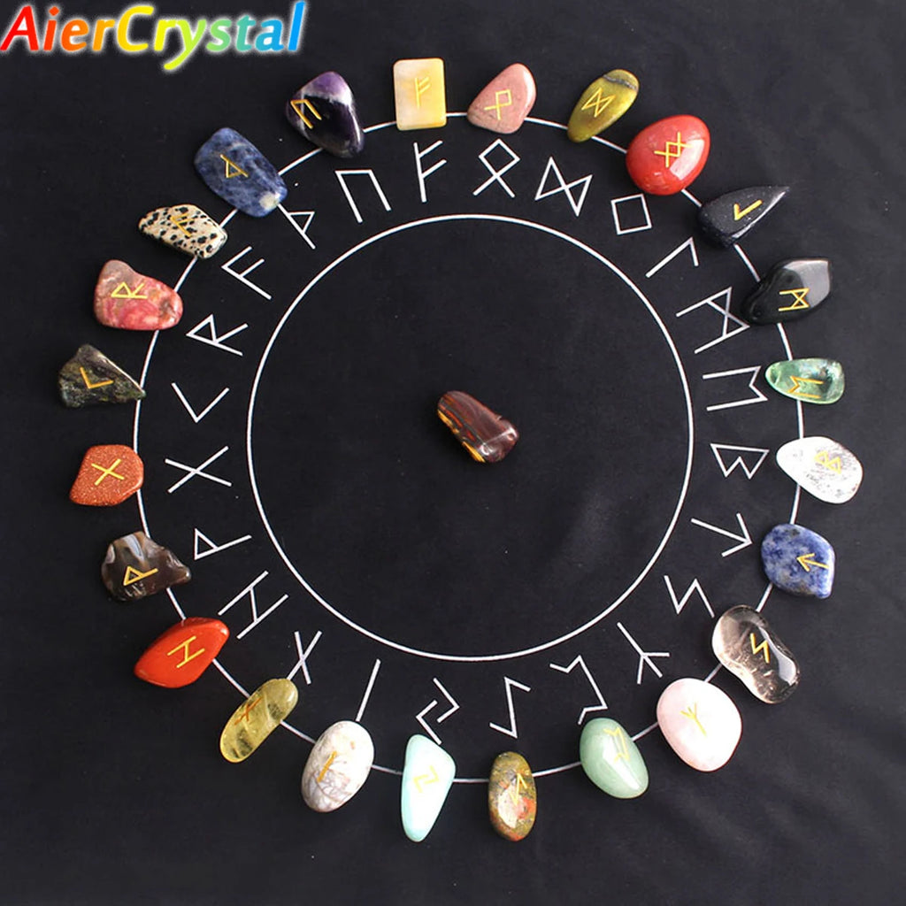 Natural Crystal Rune Stones Set 25pcs Quartz Agate Crystal Stone Witches Reiki Healing Energy Rune Letter Crystal Carving Crafts