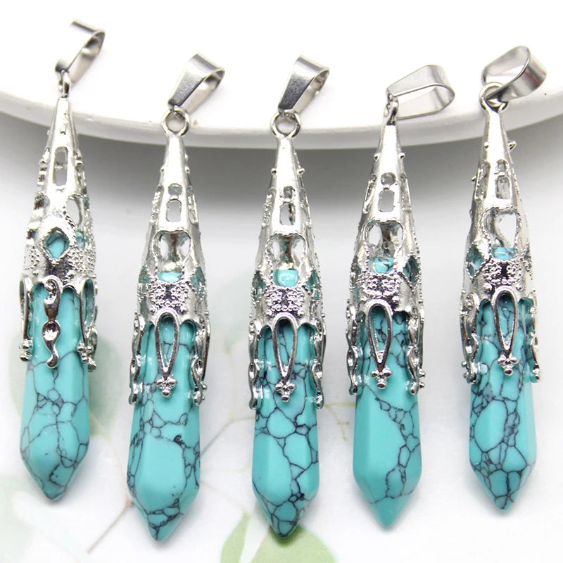 10pcs Crystal Pendulums for Dowsing Divination Natural Gem Stone Quartz Crystal Obsidian Hexagon Pendant For DIY Jewelry Making