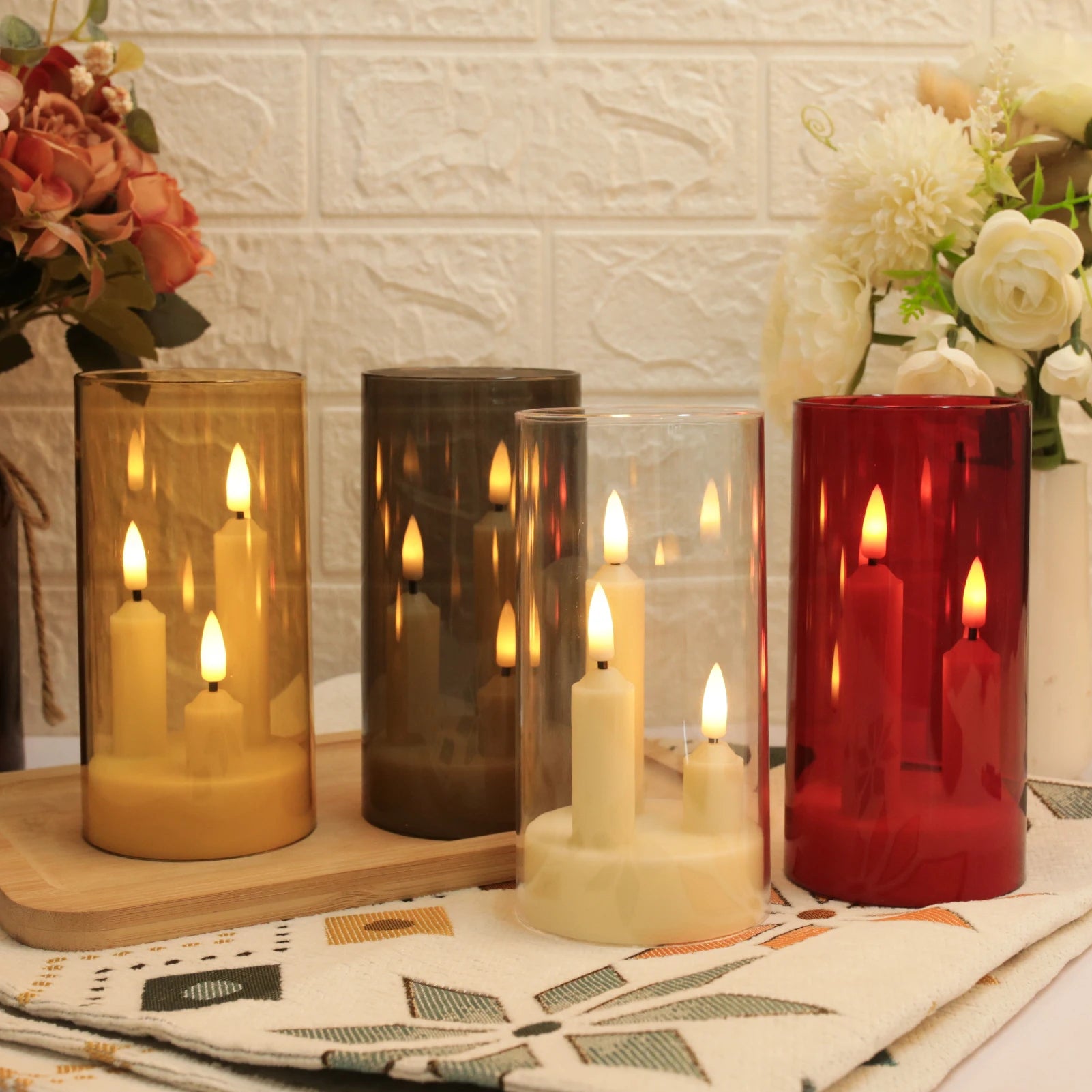 3in1 Flameless Taper Short Candles with Acrylic Lampshade Battery Operated LED Pillar Flickering Candles for Wedding Halloween