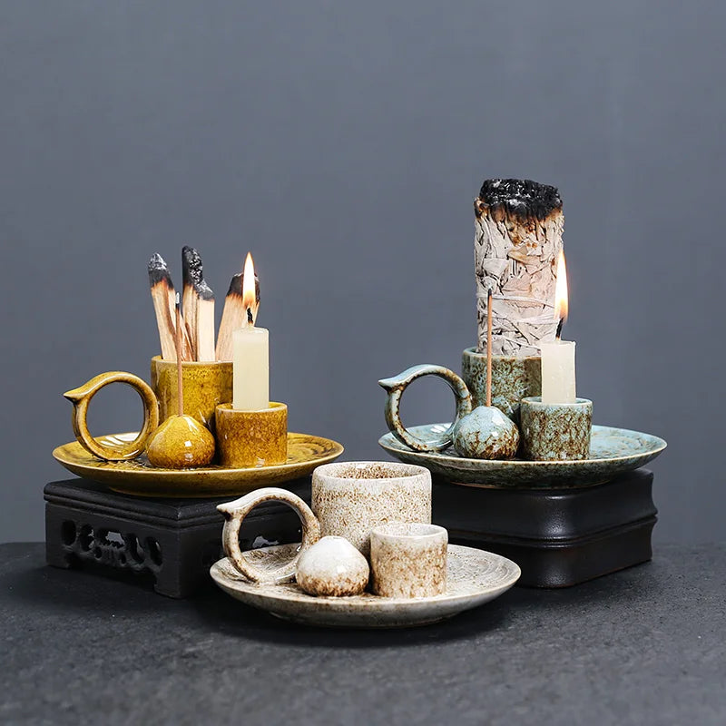 4 in 1 Incense Burner, Sage Palo Santo Holder, Incense Stick Holder Candles Holder Ceramic Censer for Meditation Living Room
