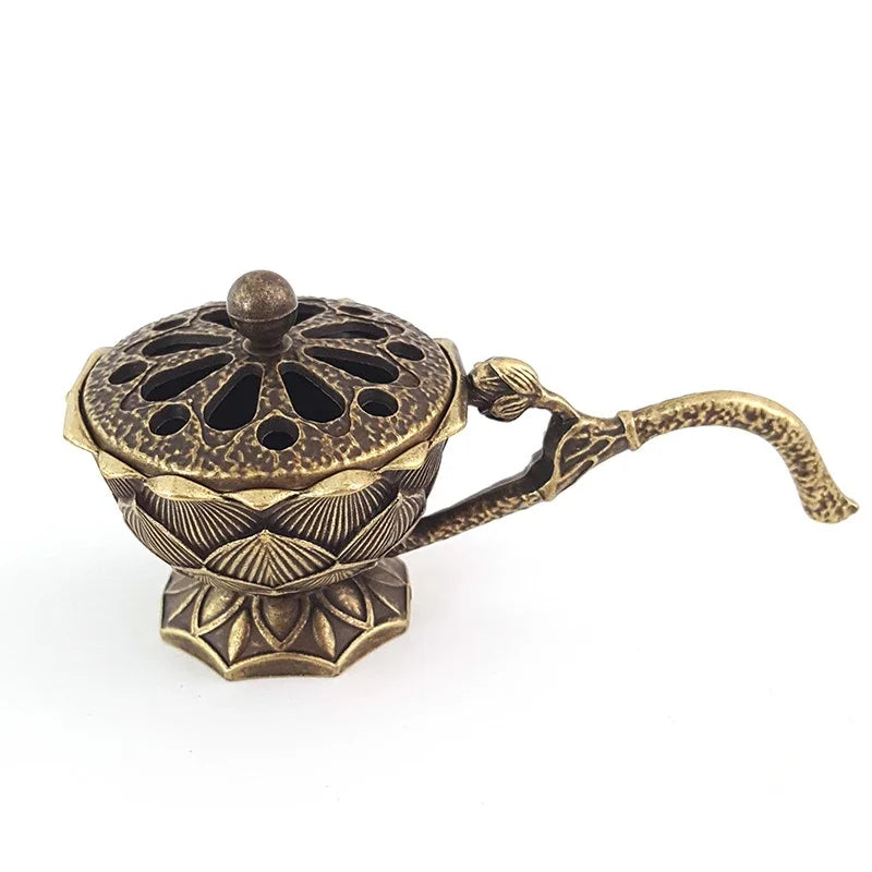 Lotus Flower Incense Burner With Handle Retro Copper Lotus Hollow Out Incense Stick Burner Brass Small Metal Craft Home Decor