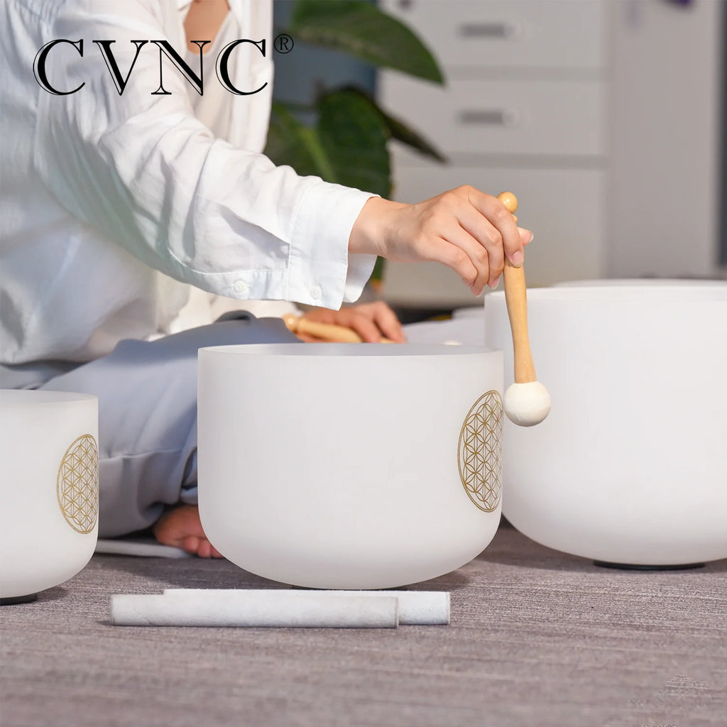 CVNC 6-12" Flower of Life pattern Frosted Quartz Crystal Singing Bowls Set  7Pcs Chakra for Sound Healing with Bags