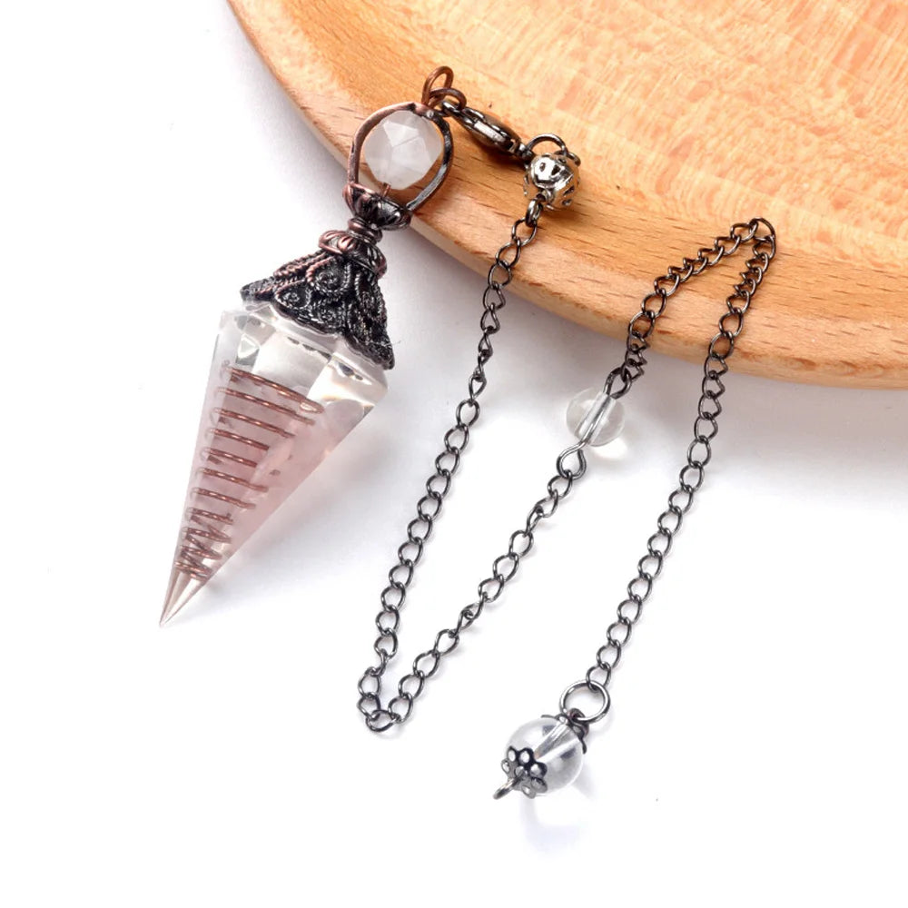 Natural Stone Crystal Pendulum Necklaces Hexagonal Cone Crushed Stone Amethysts Rose Quartz Chakra Pendant Jewelry Accessories