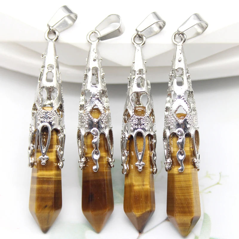 10pcs Crystal Pendulums for Dowsing Divination Natural Gem Stone Quartz Crystal Obsidian Hexagon Pendant For DIY Jewelry Making