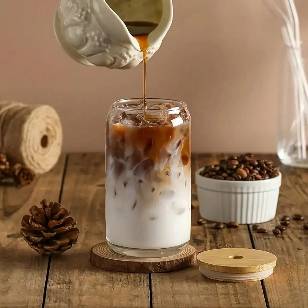 4PCS 16.5oz/488ml Can-Shaped Glass Cups - Bamboo Lid+Straw+Brush | For Iced Coffee/Milk Tea/Juice