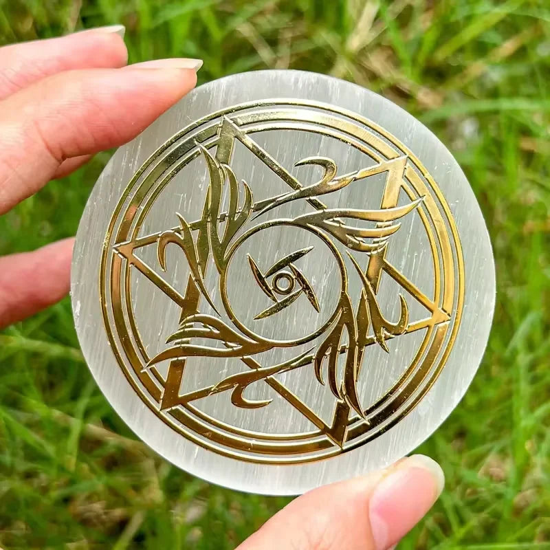 1pc Natural Selenite Slice Irregular Crystal Stone - Mixed Style Boho Star Moon Tree Flower Golden Tray Jewelry Accessories Art