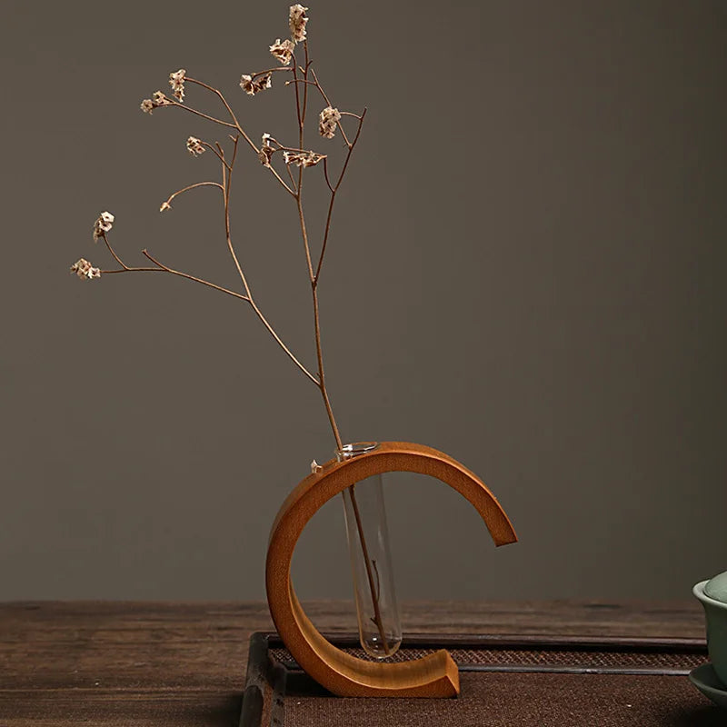 Handmade Bamboo Vase with Wooden Frame Retro Flowerpot for Bonsai Plant Home Decoration Tabletop Ornament