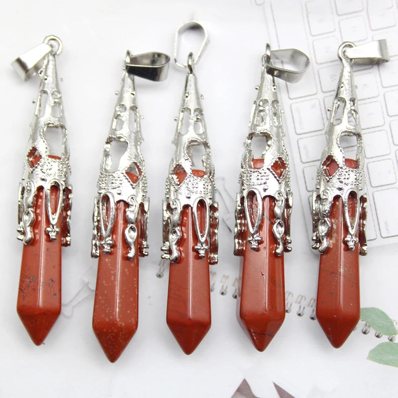 10pcs Crystal Pendulums for Dowsing Divination Natural Gem Stone Quartz Crystal Obsidian Hexagon Pendant For DIY Jewelry Making
