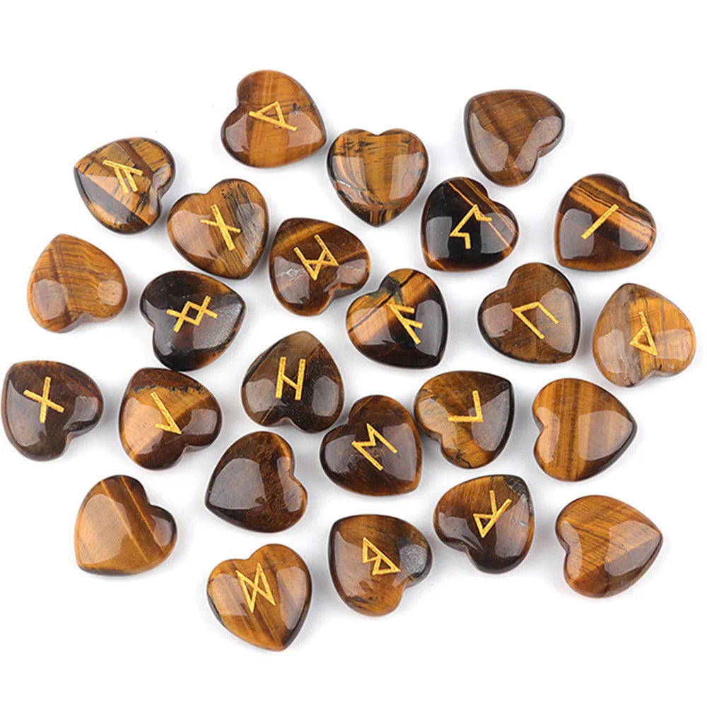 20mm Heart Shape Crystal Rune Stones Set 25pcs Quartz Agate Reiki Healing Crystals Engraved Elder Futhark Viking Alphabet Runes