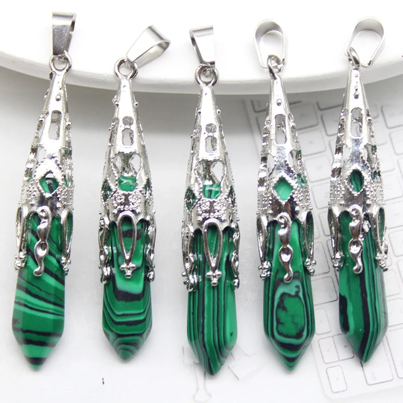 10pcs Crystal Pendulums for Dowsing Divination Natural Gem Stone Quartz Crystal Obsidian Hexagon Pendant For DIY Jewelry Making