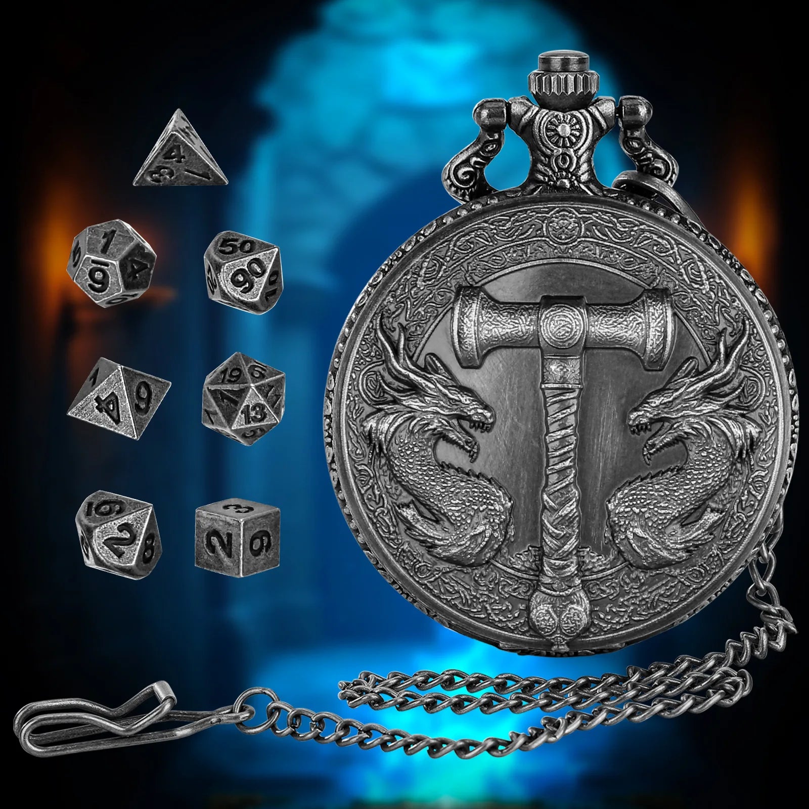 Retro Hammer Double Dragon DND Dice Jewelry Pocket Watch Case with 7pcs Metal Dice for Dungeons & Dragons RPG Dice Pendant
