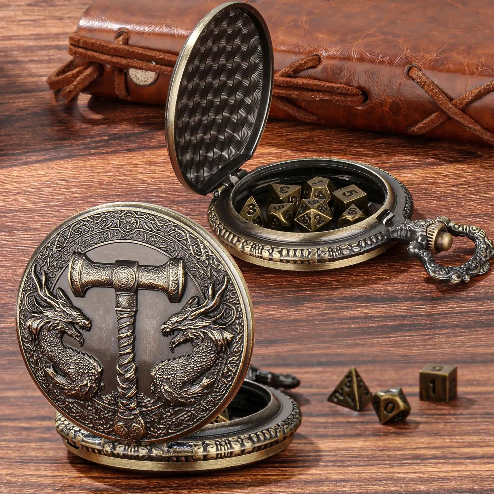 Retro Hammer Double Dragon DND Dice Jewelry Pocket Watch Case with 7pcs Metal Dice for Dungeons & Dragons RPG Dice Pendant