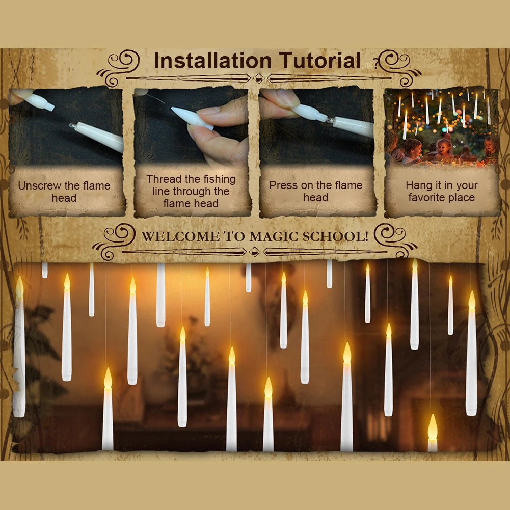 10-24PCS Flameless Floating Candles With Magic Wand Remote Battery Operated Hanging Flickering Warm Light Candle Wedding Christm