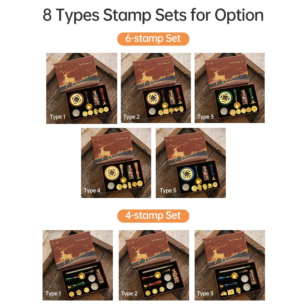 Wax Seal Stamp Kit with 6pcs Seal Stamp and Bottle of Wax Beads  Spoon/Candle/Wax Melt Warmer for Christmas Vintage Envelopes