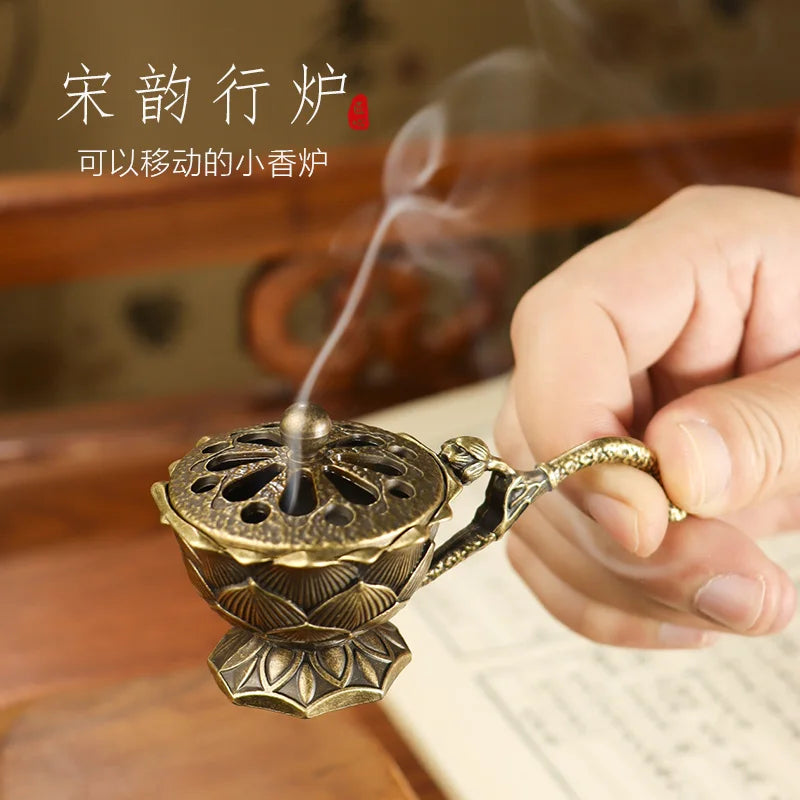 Lotus Flower Incense Burner With Handle Retro Copper Lotus Hollow Out Incense Stick Burner Brass Small Metal Craft Home Decor