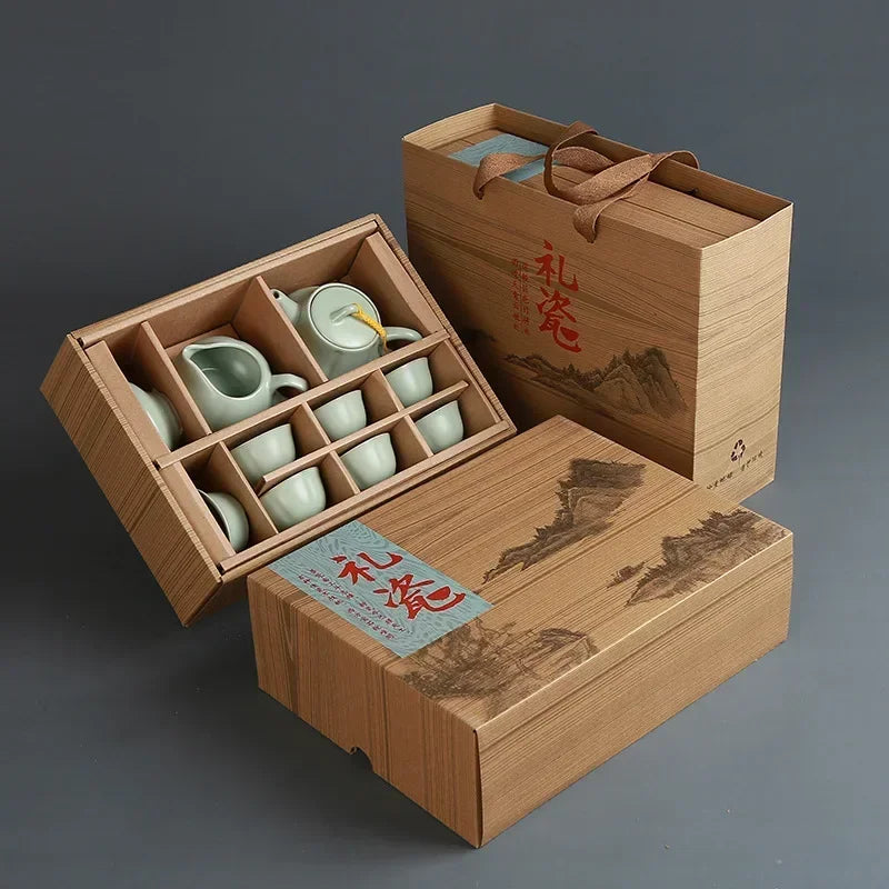 Creative Business Gift Ceramic Tea Set Teaware Geyao Ru Kiln A Pot of Six Cups of Tea Cups with Hand Gift Box Japanese TeaSet