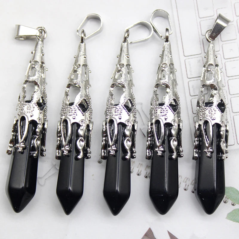 10pcs Crystal Pendulums for Dowsing Divination Natural Gem Stone Quartz Crystal Obsidian Hexagon Pendant For DIY Jewelry Making