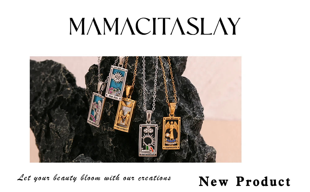 MamacitaSlay New In Populry Rectangular Pendant Empress Lovers Magician Tarot Waterproof Stainless Steel Necklace For Women