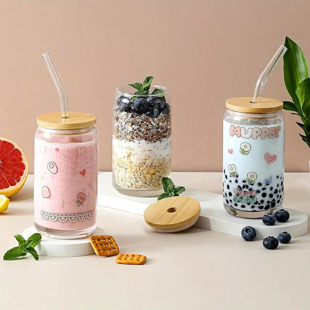4PCS 16.5oz/488ml Can-Shaped Glass Cups - Bamboo Lid+Straw+Brush | For Iced Coffee/Milk Tea/Juice