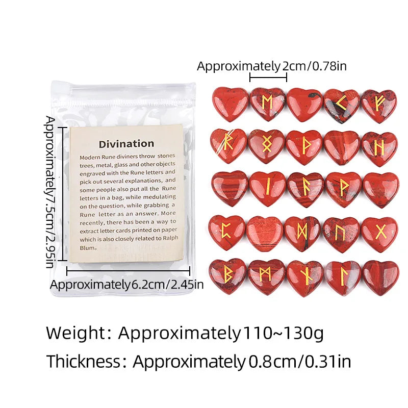 20mm Heart Shape Crystal Rune Stones Set 25pcs Quartz Agate Reiki Healing Crystals Engraved Elder Futhark Viking Alphabet Runes