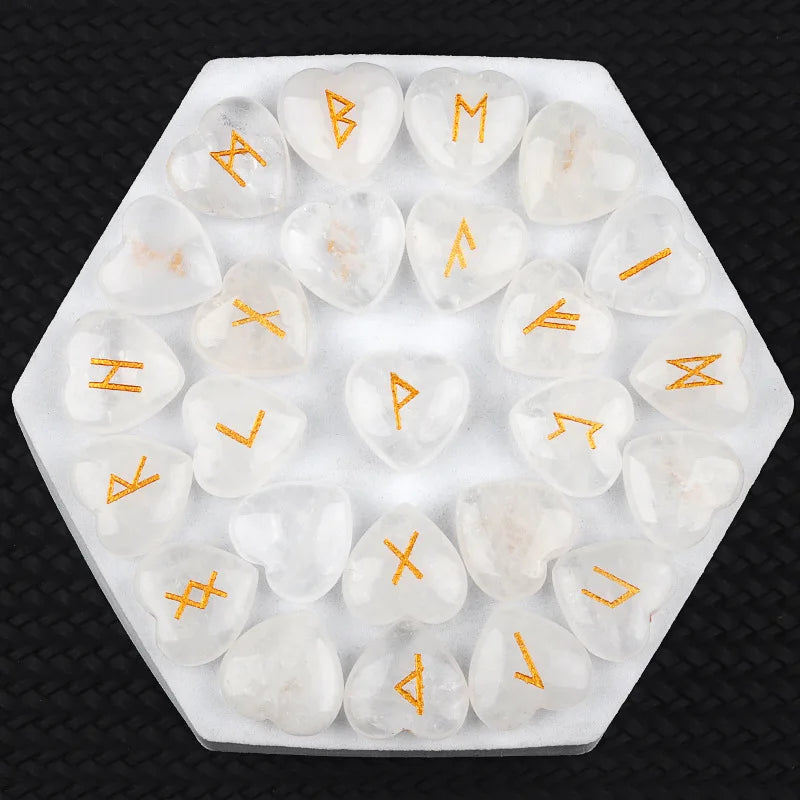 20mm Heart Shape Crystal Rune Stones Set 25pcs Quartz Agate Reiki Healing Crystals Engraved Elder Futhark Viking Alphabet Runes