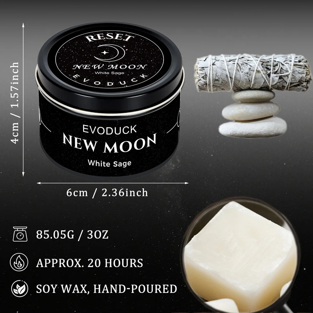 New Moon Scented Candles White Sage 3oz  Soy Wax Scented Candle Black Tin with Black Crystal Chips christmas gift gift for woman