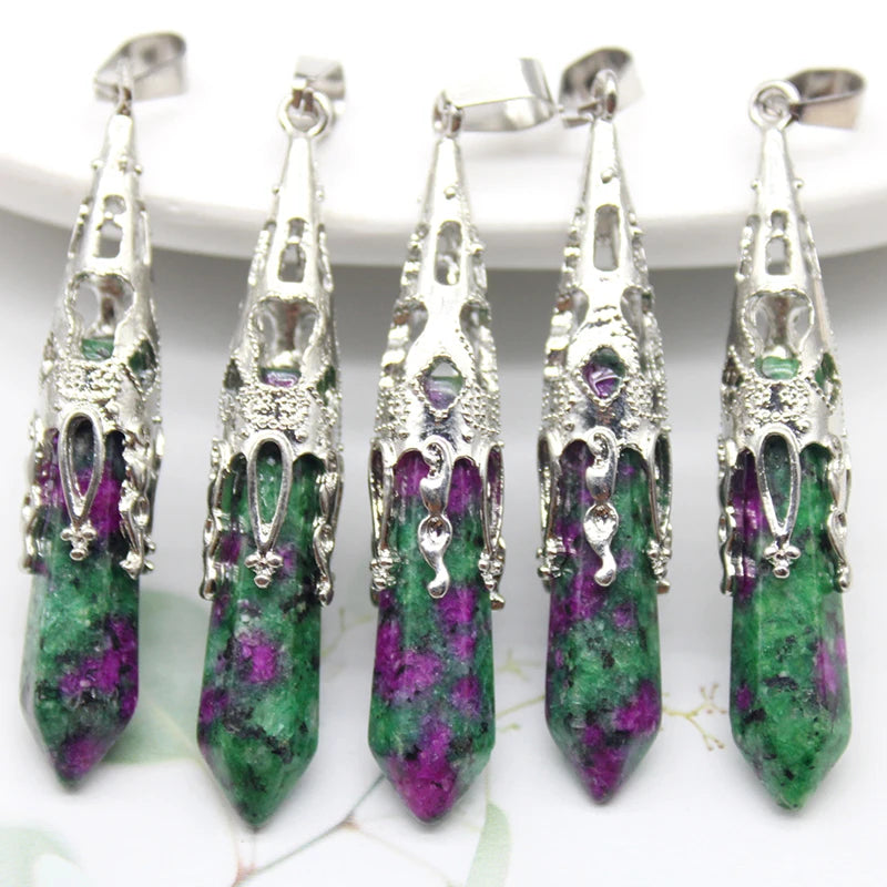 10pcs Crystal Pendulums for Dowsing Divination Natural Gem Stone Quartz Crystal Obsidian Hexagon Pendant For DIY Jewelry Making