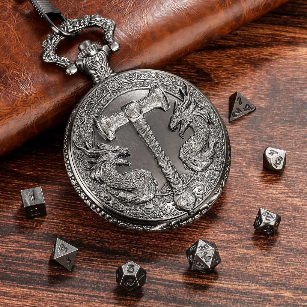 Retro Hammer Double Dragon DND Dice Jewelry Pocket Watch Case with 7pcs Metal Dice for Dungeons & Dragons RPG Dice Pendant