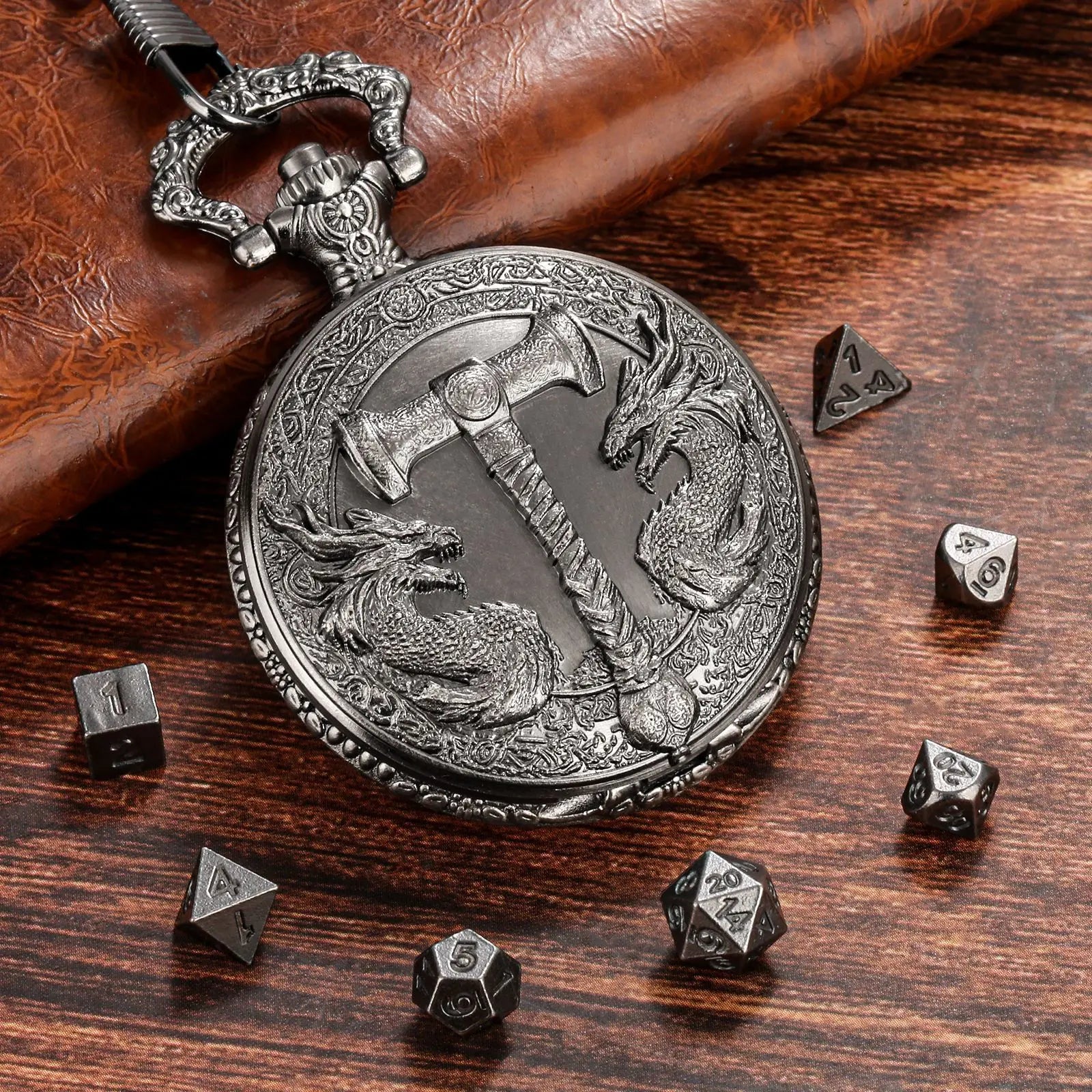 Retro Hammer Double Dragon DND Dice Jewelry Pocket Watch Case with 7pcs Metal Dice for Dungeons & Dragons RPG Dice Pendant