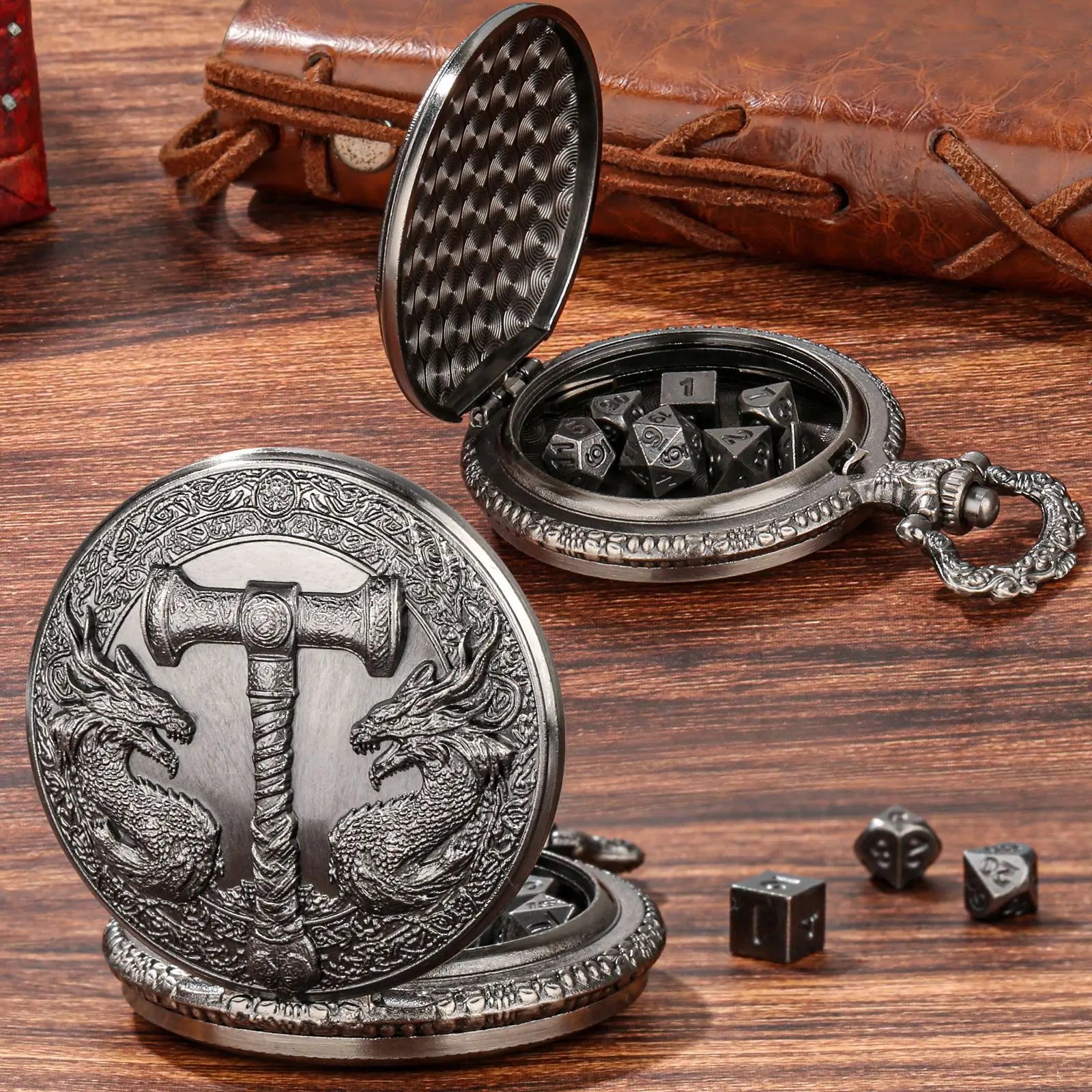 Retro Hammer Double Dragon DND Dice Jewelry Pocket Watch Case with 7pcs Metal Dice for Dungeons & Dragons RPG Dice Pendant