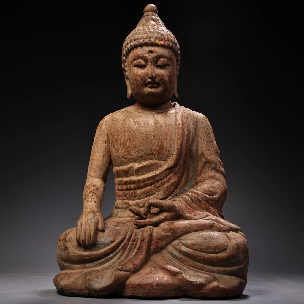 14"Old Wood Carving Painted Da Ri Tathagata Buddha Shakyamuni sitting Buddha Amitabha Worship Hall Town house