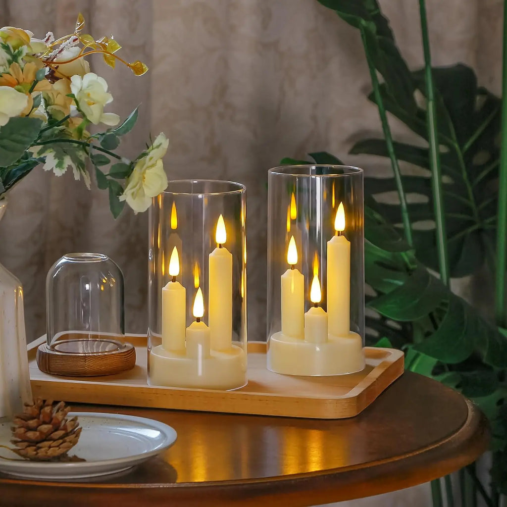 3in1 Flameless Taper Short Candles with Acrylic Lampshade Battery Operated LED Pillar Flickering Candles for Wedding Halloween