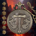 Retro Hammer Double Dragon DND Dice Jewelry Pocket Watch Case with 7pcs Metal Dice for Dungeons & Dragons RPG Dice Pendant