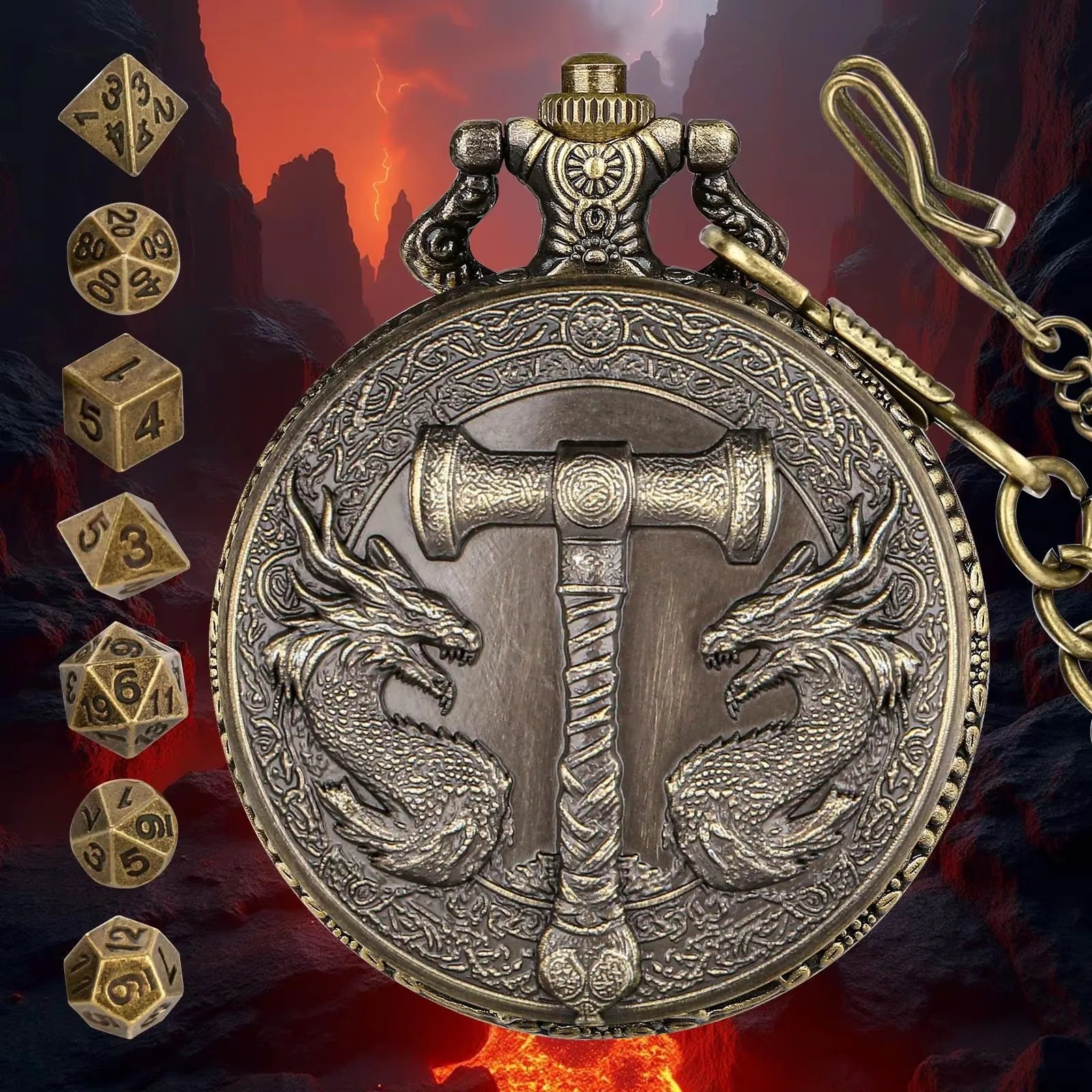 Retro Hammer Double Dragon DND Dice Jewelry Pocket Watch Case with 7pcs Metal Dice for Dungeons & Dragons RPG Dice Pendant
