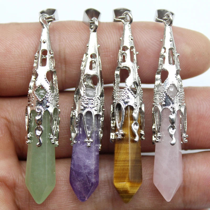 10pcs Crystal Pendulums for Dowsing Divination Natural Gem Stone Quartz Crystal Obsidian Hexagon Pendant For DIY Jewelry Making