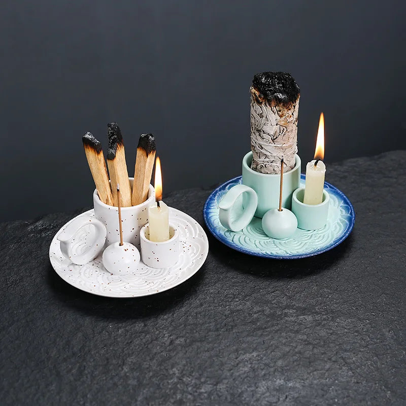 4 in 1 Incense Burner, Sage Palo Santo Holder, Incense Stick Holder Candles Holder Ceramic Censer for Meditation Living Room