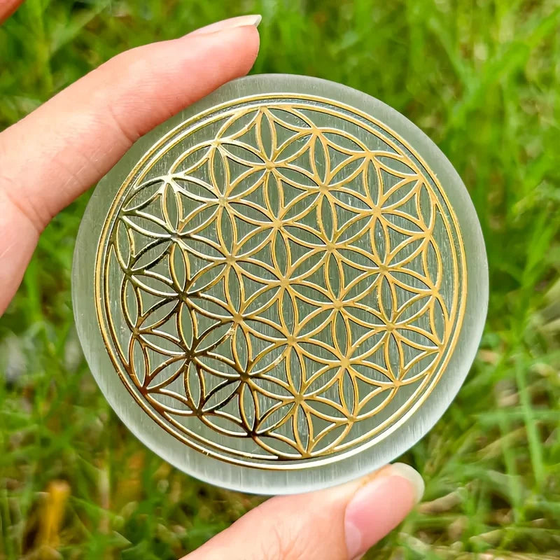1pc Natural Selenite Slice Irregular Crystal Stone - Mixed Style Boho Star Moon Tree Flower Golden Tray Jewelry Accessories Art