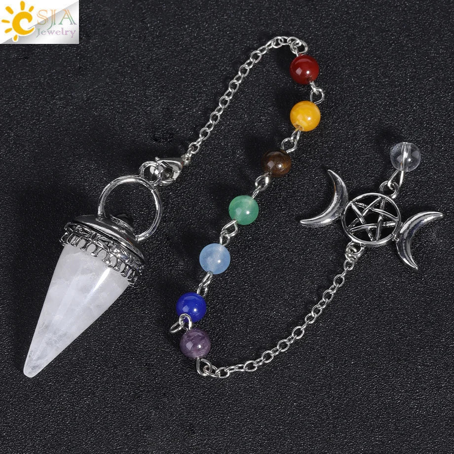 CSJA Natural Stone Cone Pendulum Reiki Amethyst Pink Crystal Gem Stone Pendulo for Dowsing Dinvination Healing Quartz H624