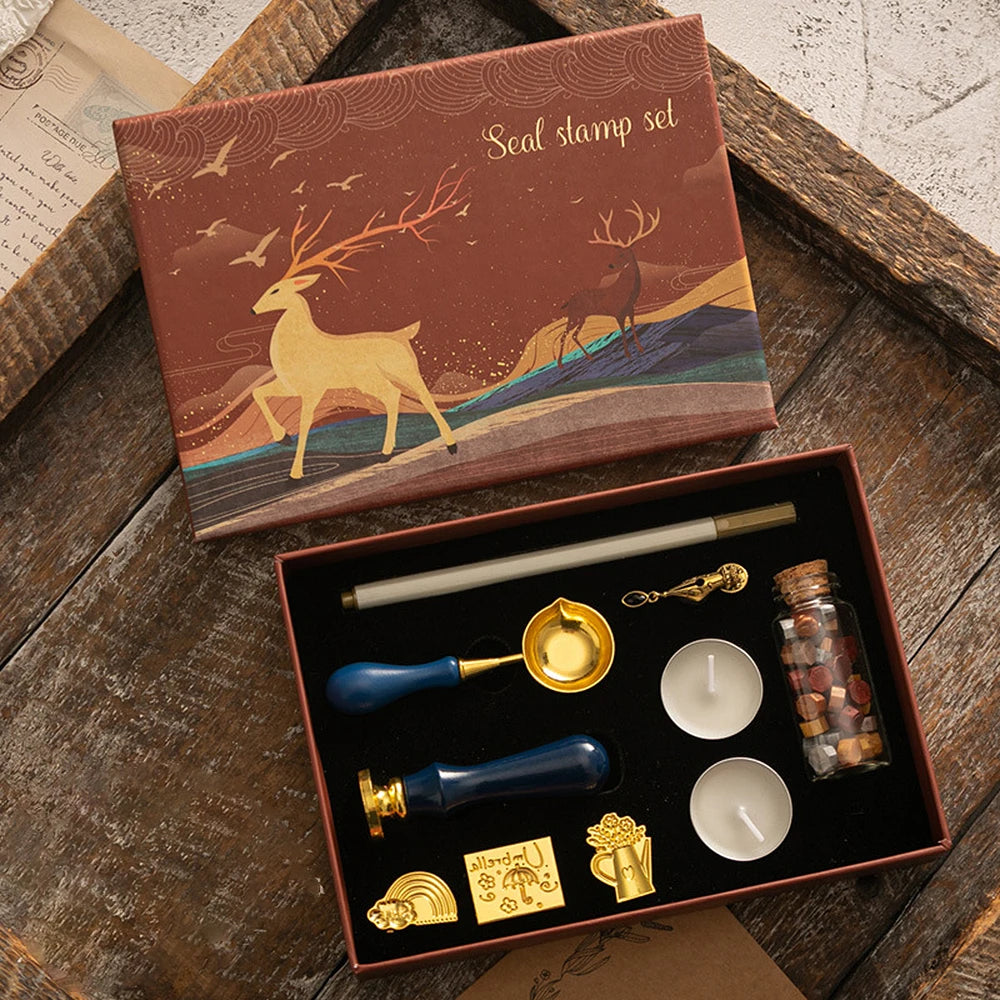 Wax Seal Stamp Kit with 6pcs Seal Stamp and Bottle of Wax Beads  Spoon/Candle/Wax Melt Warmer for Christmas Vintage Envelopes