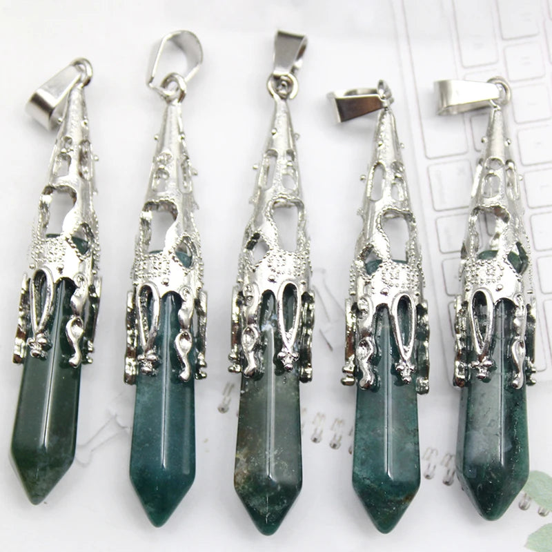 10pcs Crystal Pendulums for Dowsing Divination Natural Gem Stone Quartz Crystal Obsidian Hexagon Pendant For DIY Jewelry Making