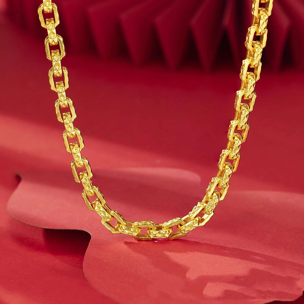 Luxurious and domineering 24K real gold men's square interlocking necklace au9999 gold design Chopin necklace