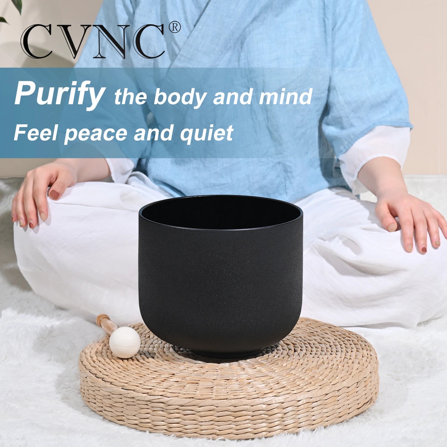 CVNC 8"B 10"F 12"C Double Black Quartz Bowls  Frosted Crystal Singing Bowls Chakra Set 3pcs for Sound Healing With Bag