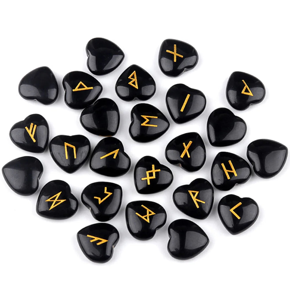 20mm Heart Shape Crystal Rune Stones Set 25pcs Quartz Agate Reiki Healing Crystals Engraved Elder Futhark Viking Alphabet Runes